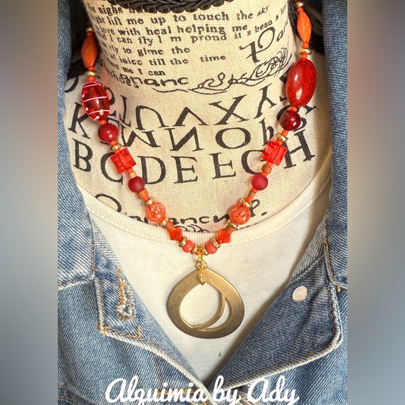 GOLD AND ORANGE QUARTZ RED TURQUOISE BUBBLES NECKLACE - Picture 2 of 2